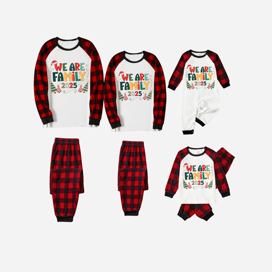 Red and Black Plaid Christmas Pajamas Set With "We are Family" Colorful Text Print