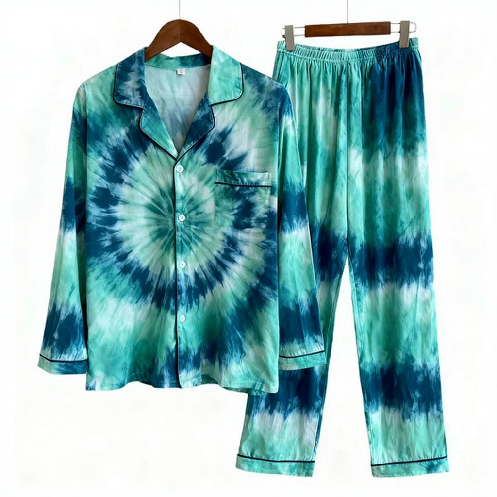 Holiday Family Button-Up Green Tie-dyed Christmas Pajamas Set