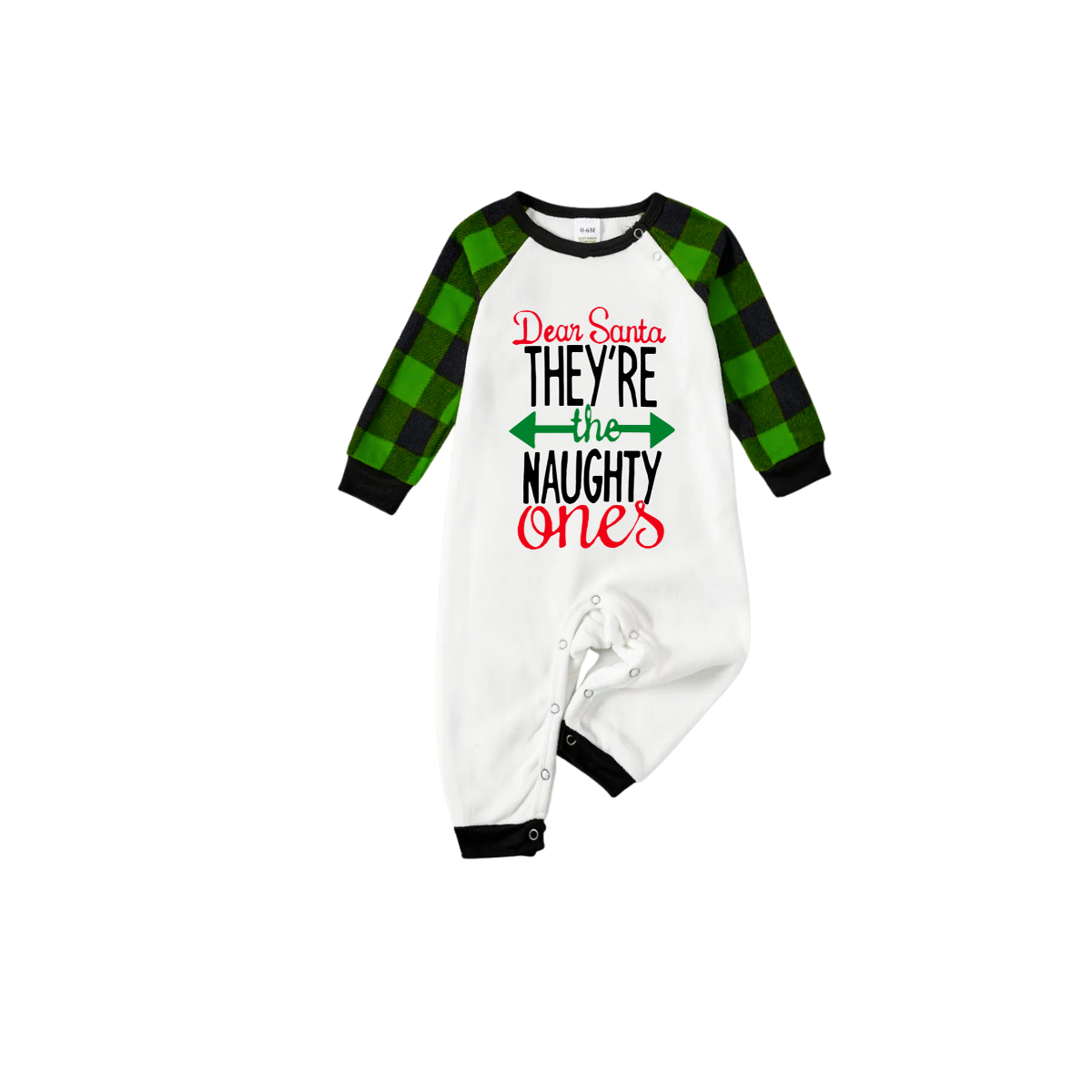 Dear Santa Naughty Ones Family Pajamas Set - White Top, Green Plaid Pants, Plaid Sleeves