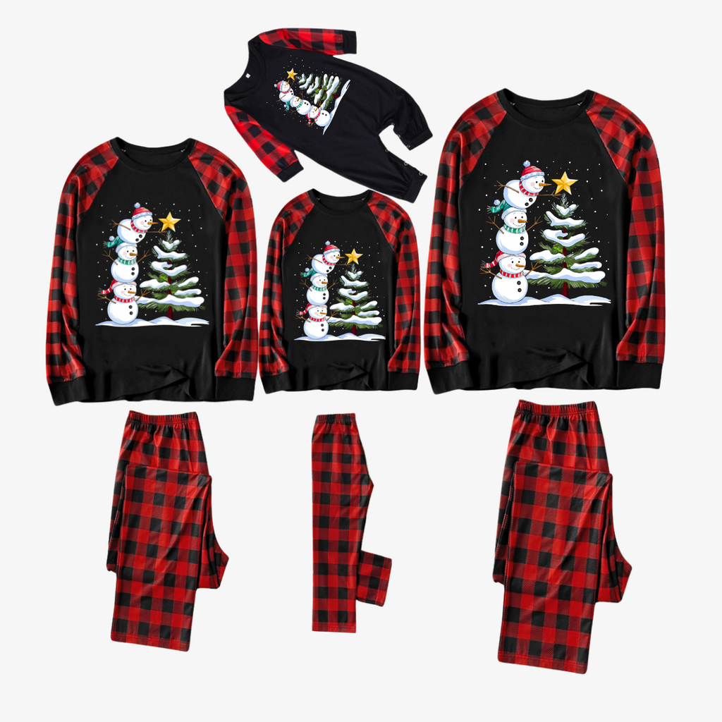 Red and Black Plaid Christmas Pajamas Set with Snowman & Christmas Tree Print