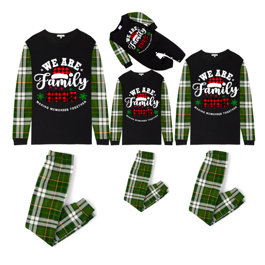 2025 We Are Family Christmas Family Pajamas Set - Black Top / Green Plaid Pants / Green Plaid Sleeves