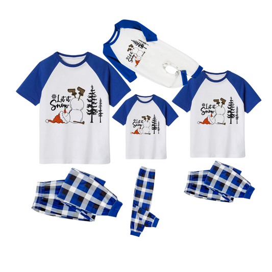 Let It Snow Family Pajamas Set - White Top Blue Sleeves Blue Plaid Pants Christmas Snowman Graphic