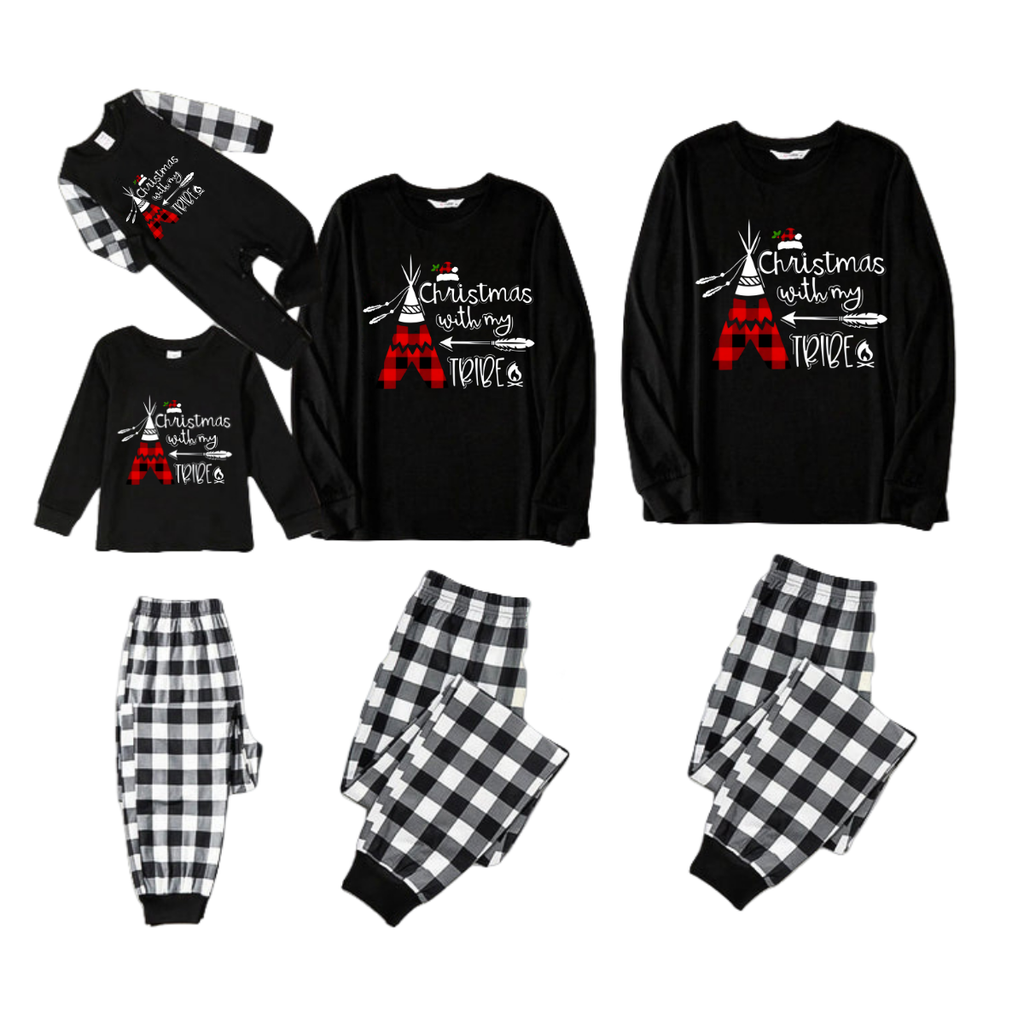 "Christmas With My Tribe" Pattern Printed- Black and White Plaid Family Matching Pajamas