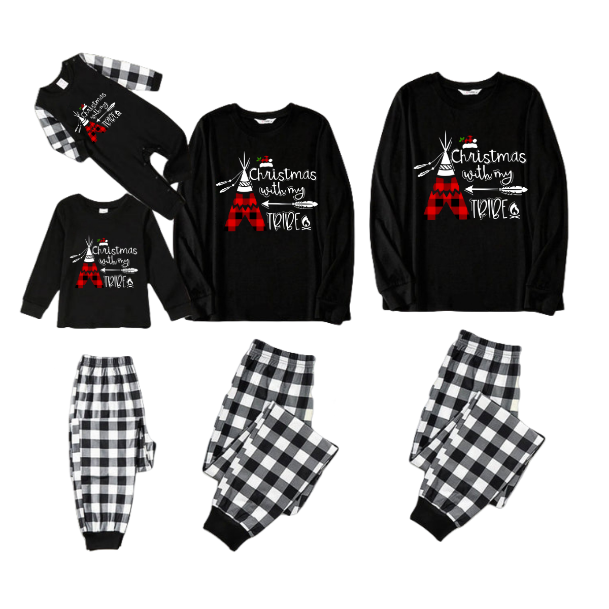 "Christmas With My Tribe" Pattern Printed- Black and White Plaid Family Matching Pajamas