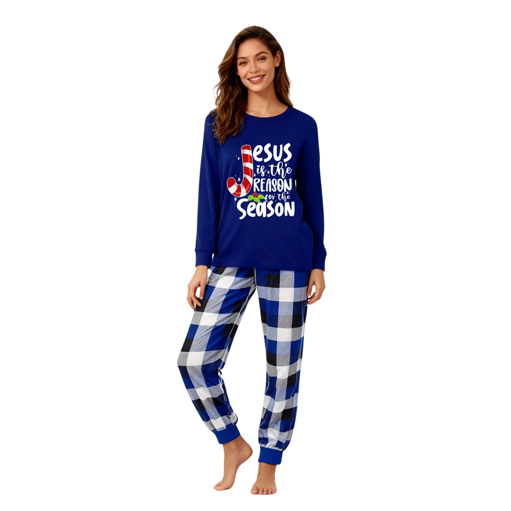 Christmas Jesus White Letter Prints Contrast Blue Long Sleeve with Blue and White Plaid Pants Family Matching Pajamas