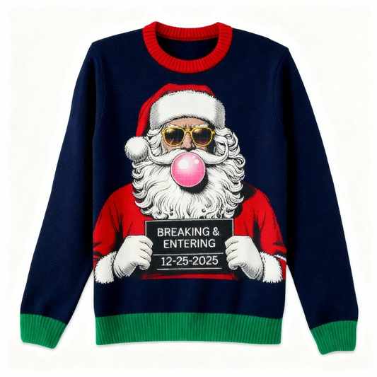 Zany Santa Print Holiday Sweater - Intentional Festive Quirk