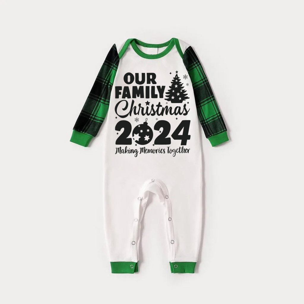 Christmas Tree & "2024 Making Memories Together" Patterned Green Sleeve Contrast Tops and Black and Green Plaid Pants Family Matching Raglan Long-sleeve Pajamas Sets With Dog Bandana