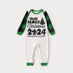Christmas Tree & "2024 Making Memories Together" Patterned Green Sleeve Contrast Tops and Black and Green Plaid Pants Family Matching Raglan Long-sleeve Pajamas Sets With Dog Bandana