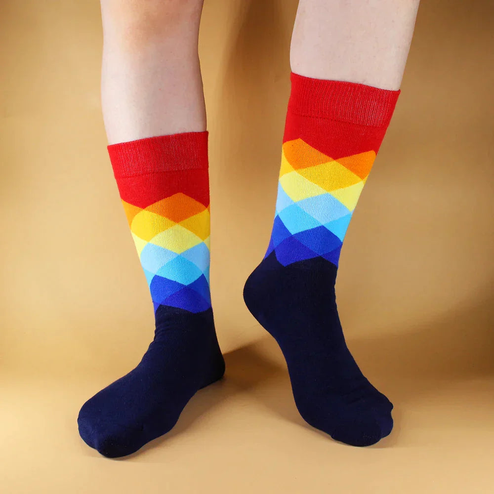 3 Pairs Colorful Cotton Casual Funny Stripe Grid Geometry Fun Dress Socks