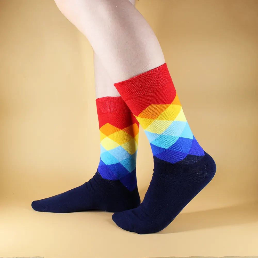 3 Pairs Colorful Cotton Casual Funny Stripe Grid Geometry Fun Dress Socks