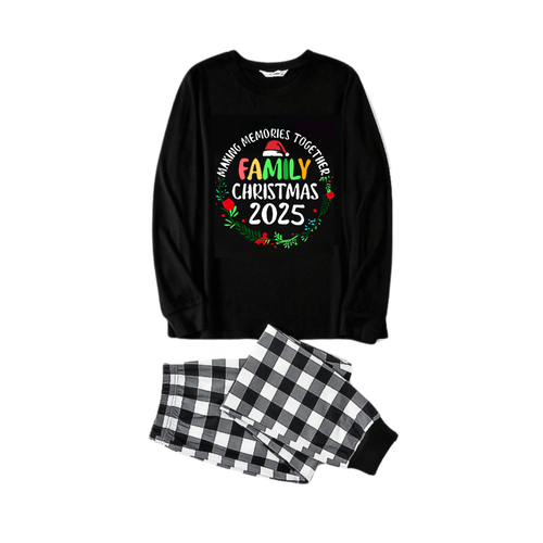 "Family Christmas 2025 Making Memories Together" Text Print Black and White Plaid Family Matching Pajamas
