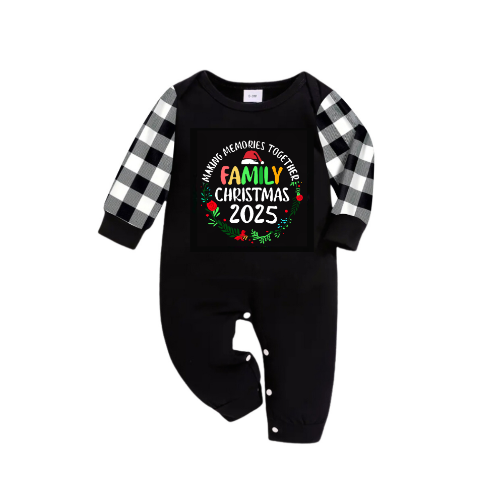 "Family Christmas 2025 Making Memories Together" Text Print Black and White Plaid Family Matching Pajamas