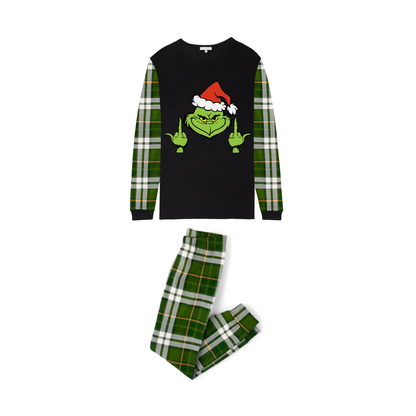 Grinch Santa Middle Finger Family Christmas Pajamas Black Top with Green Plaid Pants