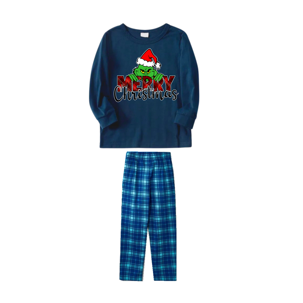 "Merry Christmas" Letter Print 2025 Green Elf Cartoon Pattern Blue Long Sleeve Top With Blue Plaid Family Matching Pajamas