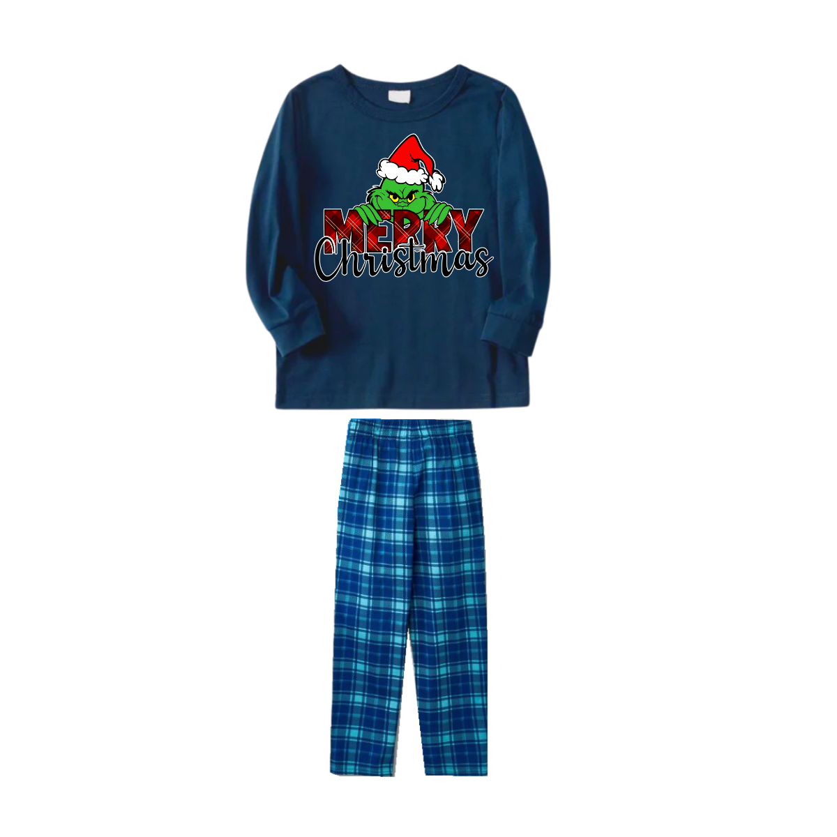 "Merry Christmas" Letter Print 2026 Green Elf Cartoon Pattern Blue Long Sleeve Top With Blue Plaid Family Matching Pajamas
