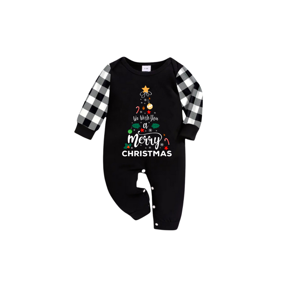 Snoopy and Woodstock Christmas Tree Family Pajamas Set - Black Top Black and White Plaid Pants Cute Graphic
