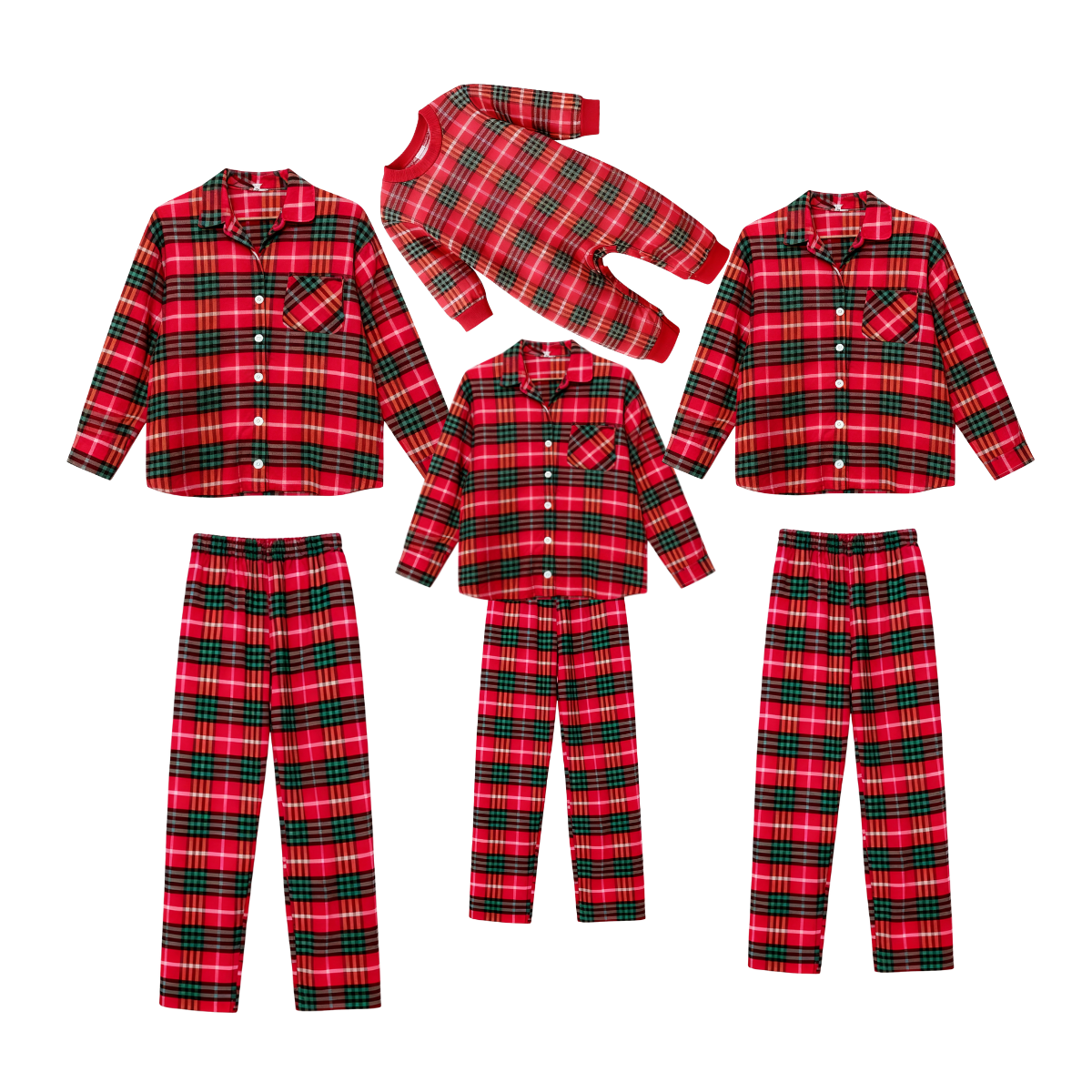Festive Red and Green Plaid Button-Up Pajamas Set for Family
