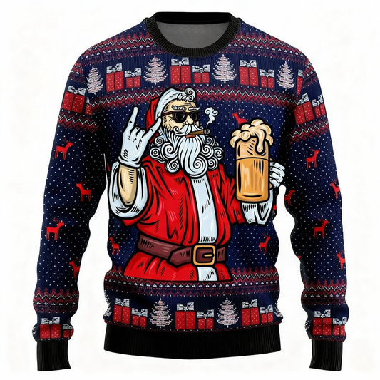 Maximum Cheer, Minimum Effort: Jolly Santa Claus Print Holiday Sweater