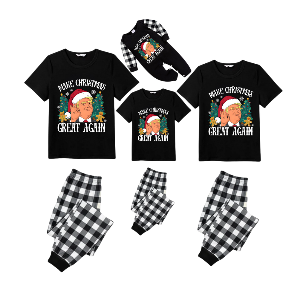 Merry Christmas Cartoon Family Pajamas Set - Black Top Black and White Plaid Pants Santa Hats Graphic