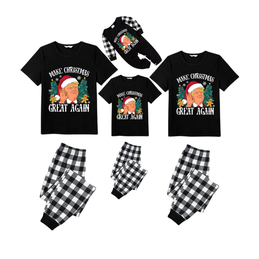 Merry Christmas Cartoon Family Pajamas Set - Black Top Black and White Plaid Pants Santa Hats Graphic