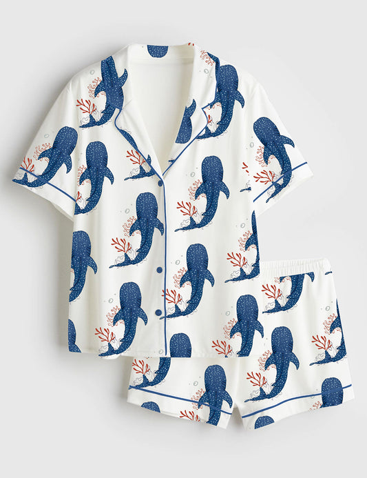 Women's Whale Ocean Coconut Girl Jesus Beach Short Sleeve Satin Pajama Set