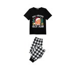 Merry Christmas Cartoon Family Pajamas Set - Black Top Black and White Plaid Pants Santa Hats Graphic