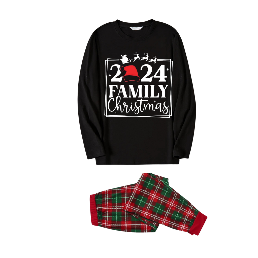 "2024 Family Christmas" Text and Reindeer Printed Red and Green Plaid Family Matching Pajamas