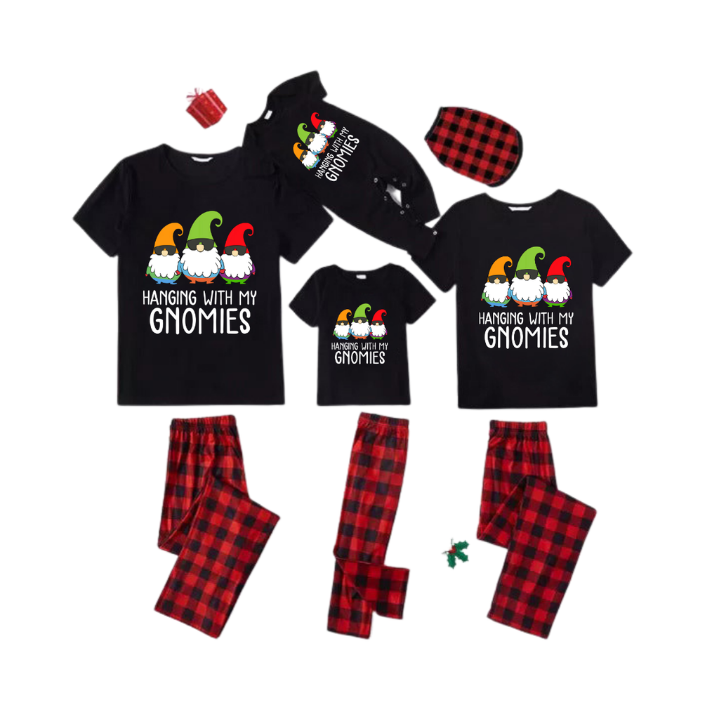 Hanging With My Gnomies Family Pajamas Set - Black Top Red Pants Red Plaid Pattern Gnome Print