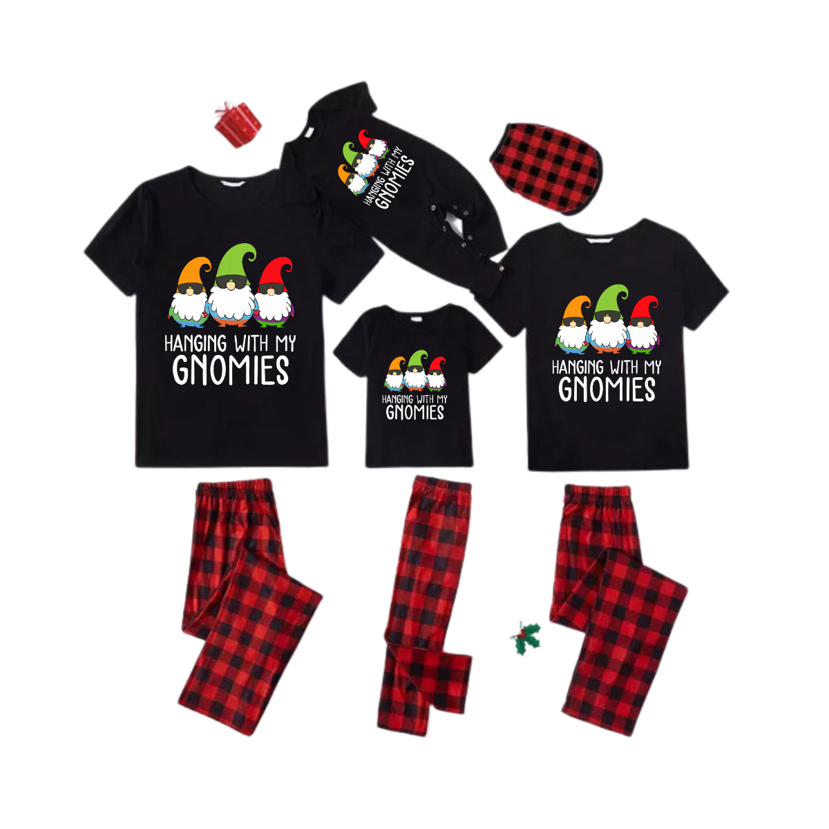 Hanging With My Gnomies Family Pajamas Set - Black Top Red Pants Red Plaid Pattern Gnome Print