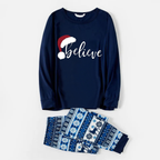 "Believe" Print Blue Family Christmas Matching Pajamas