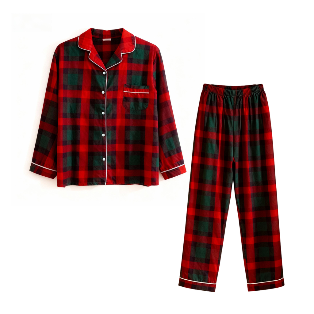 Couple Red and Green Plaid Button Up Pajamas Sets