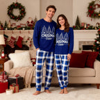 "Christmas Crew" and Trees Blue Long Sleeves with Blue Plaid Couple Matching Pajamas