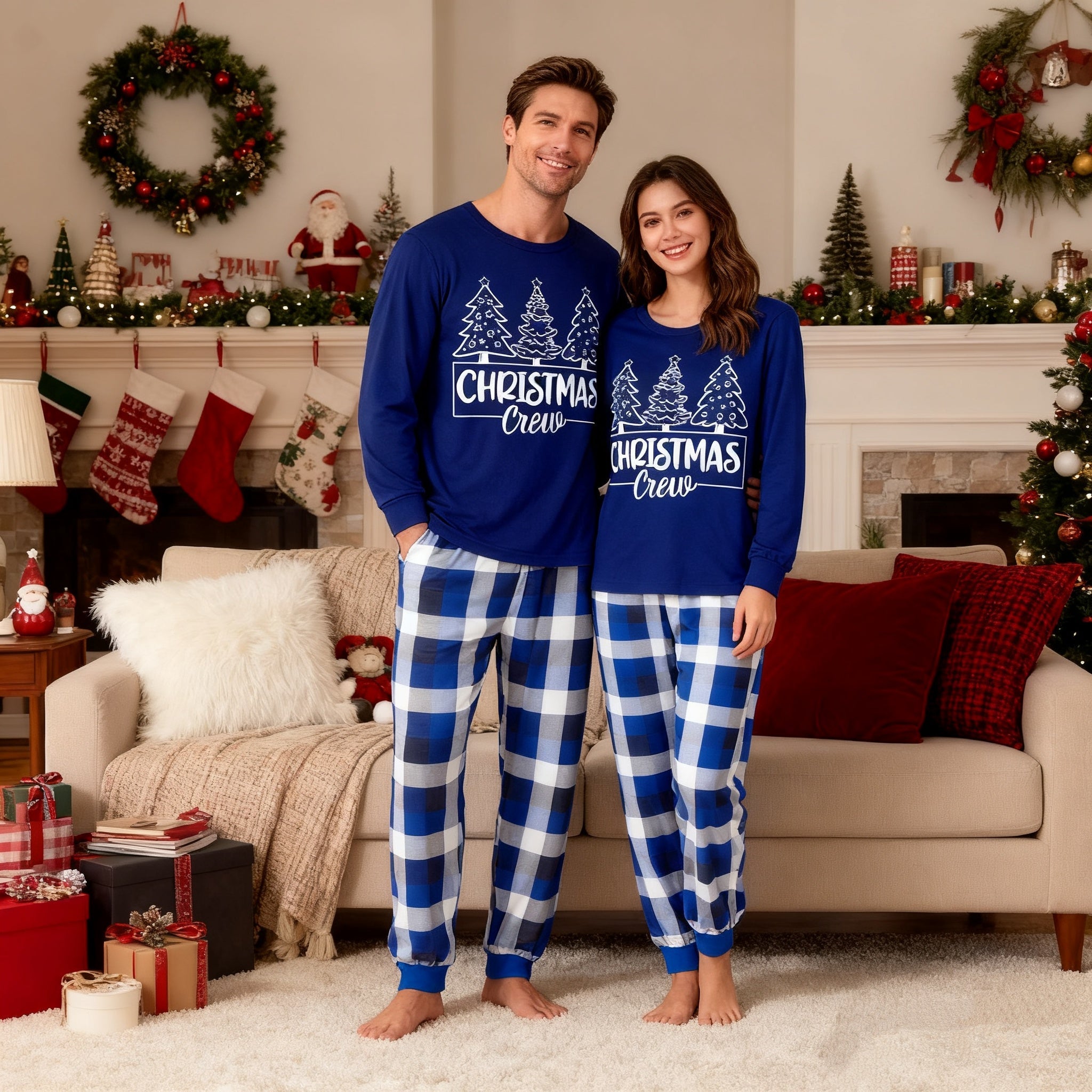 "Christmas Crew" and Trees Blue Long Sleeves with Blue Plaid Couple Matching Pajamas