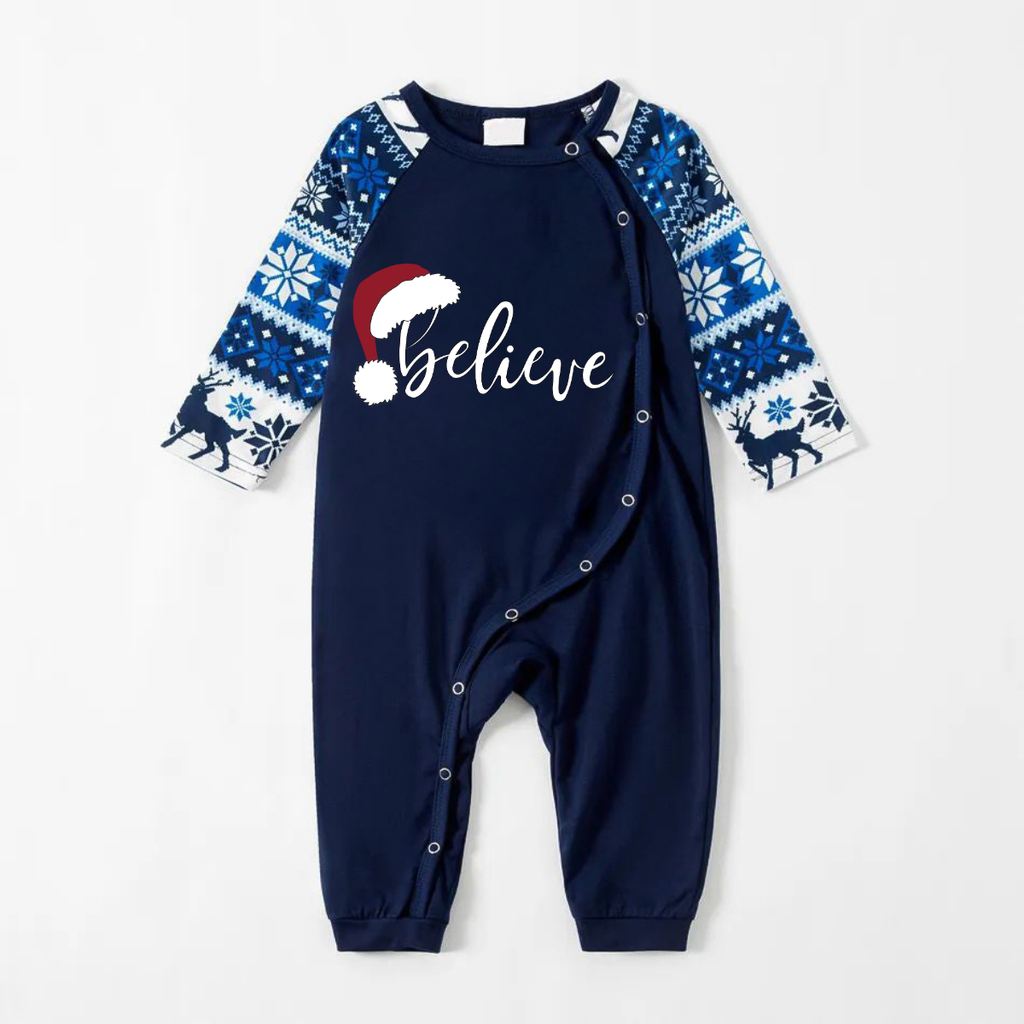 "Believe" Print Blue Family Christmas Matching Pajamas