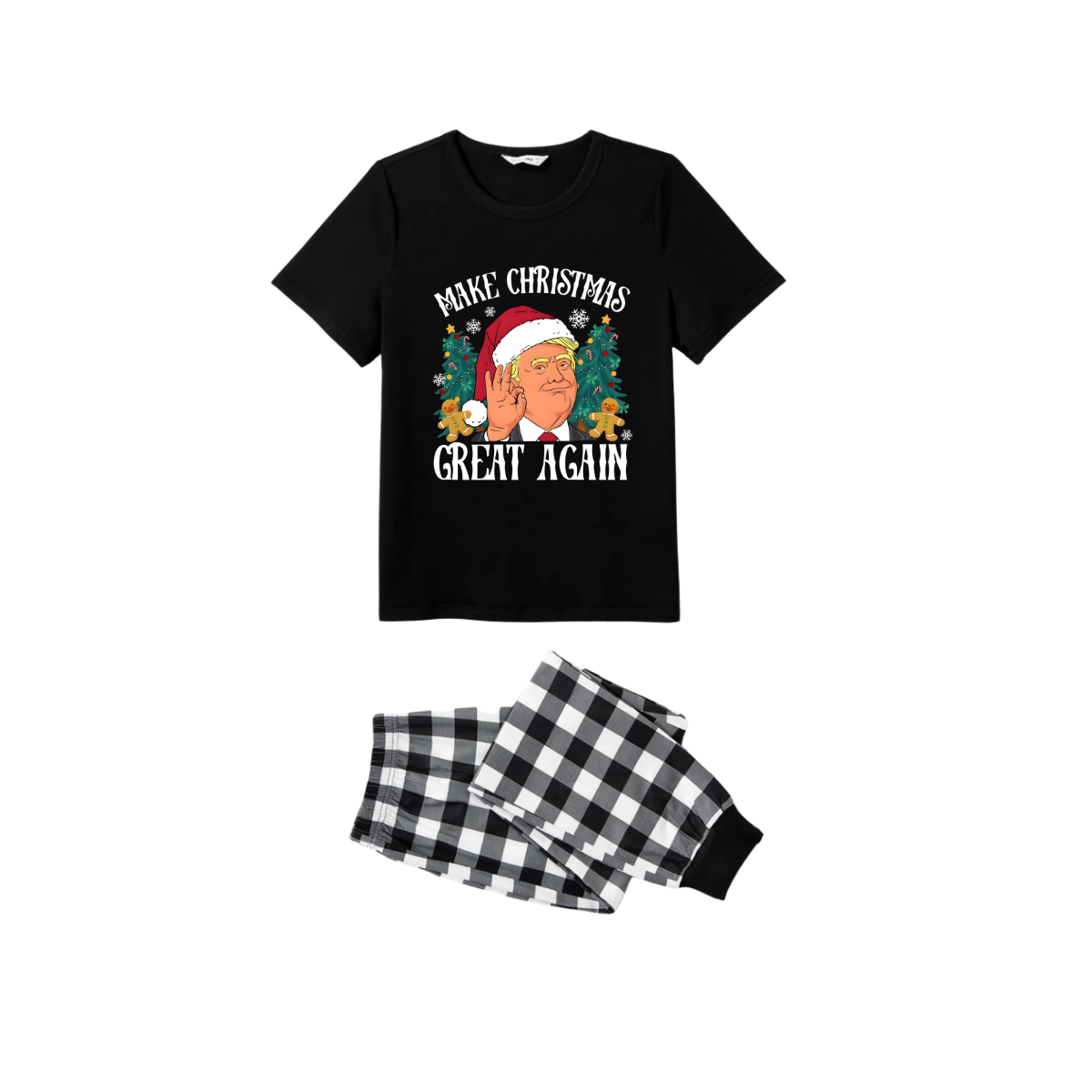 Merry Christmas Cartoon Family Pajamas Set - Black Top Black and White Plaid Pants Santa Hats Graphic