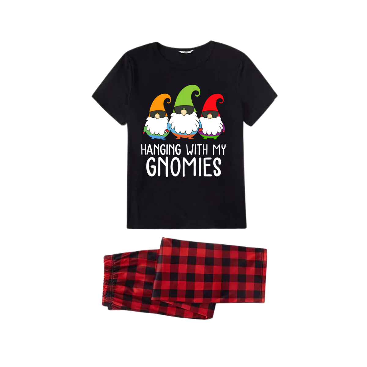 Hanging With My Gnomies Family Pajamas Set - Black Top Red Pants Red Plaid Pattern Gnome Print