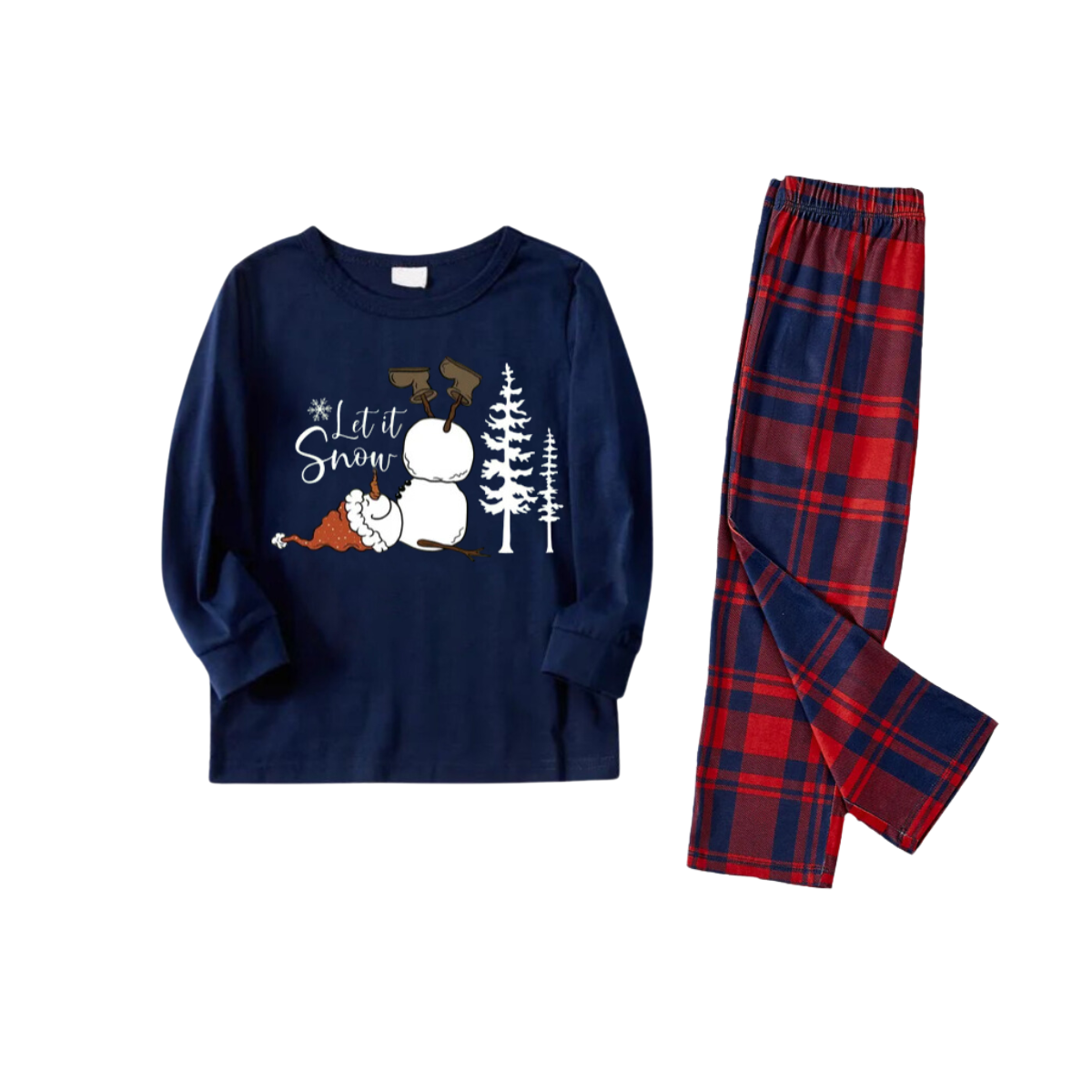 "Let it Snow" Slogan and Snowman Printed Red and Blue Plaid Christmas Matching Pajamas