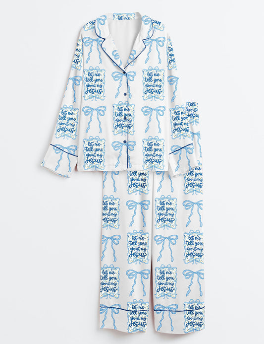 Women's Let Me Tell You About My Jesus Wildflower Boho Bible Verse Blue Bow Long Sleeve Satin Pajama Set