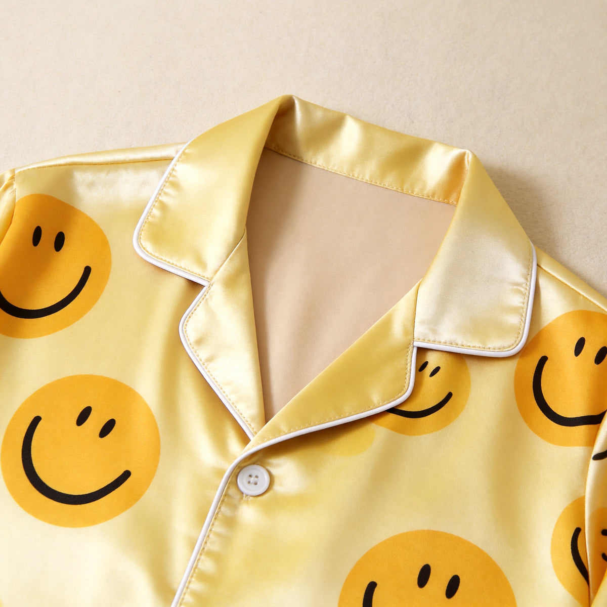 Yellow Smiley Face Print Satin Button-Up Family Pajamas Set