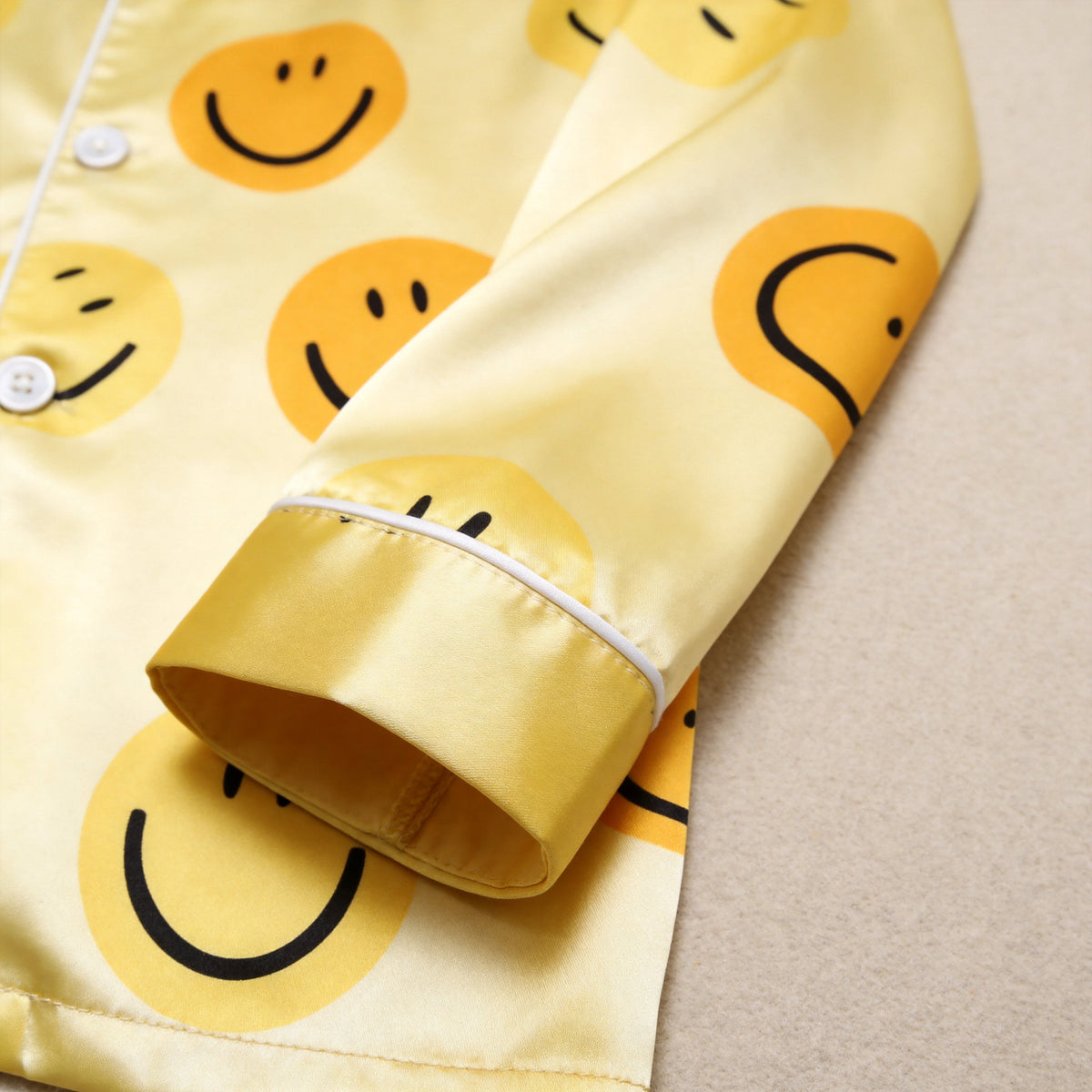 Yellow Smiley Face Print Satin Button-Up Family Pajamas Set