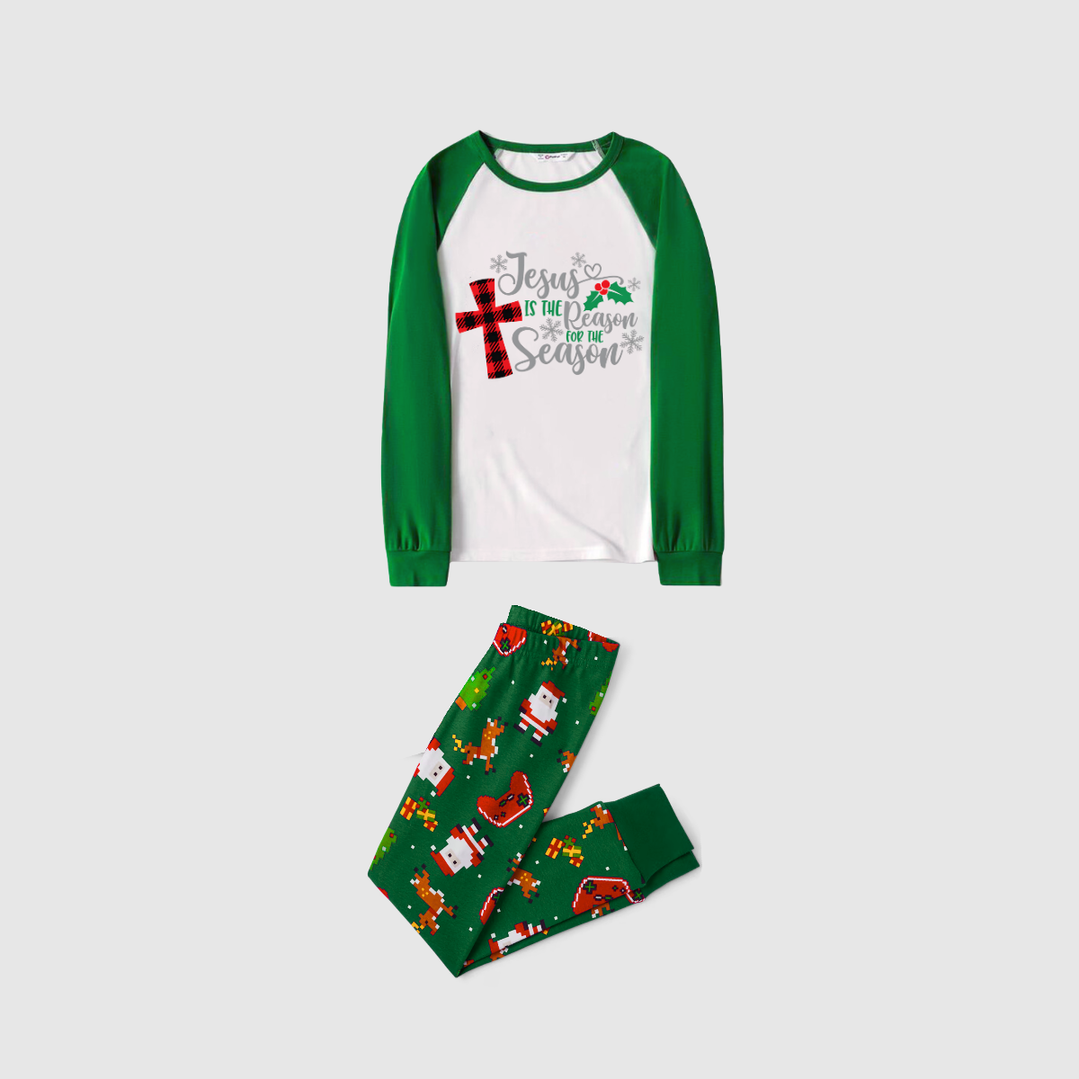 Jesus Reason Christmas Pajamas - Green & Santa Print