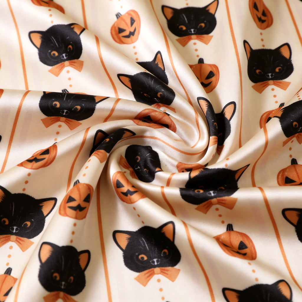 Black Cat and Pumpkin Print Satin Button-Up Family Halloween Pajamas Set