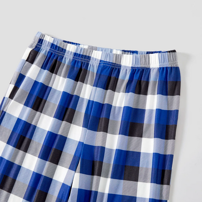 "2025 Christmas Crew" Text and Christmas Pattern Printed Blue and White Plaid Family Matching Pajamas