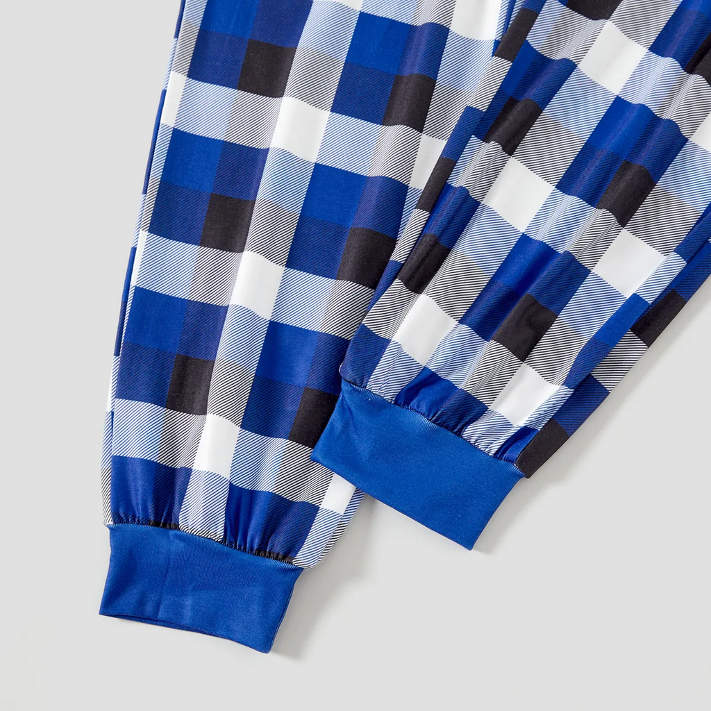 "Family Christmas 2024" Text and Cute Pattern Printed Blue and White Plaid Family Matching Pajamas