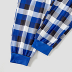 "Family Christmas 2025 Making Memories Together" Text and Santa Hat Printed Blue and White Plaid Couple Matching Pajamas