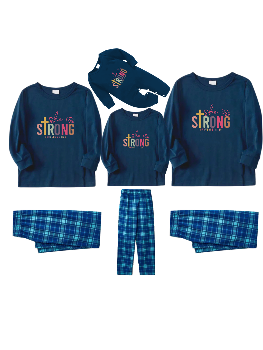 She is strong PROVERBS 31:25 Letter Printed Blue Long Sleeve Top And Blue Plaid Pants Family Matching Pajamas Set