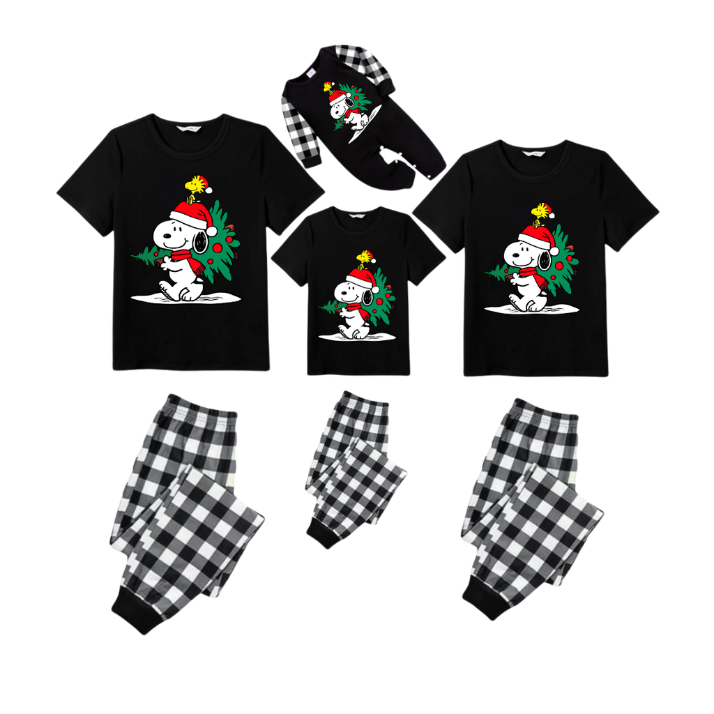 Family Christmas Tree Scene Pajamas Set - Black Top Black and White Plaid Pants Holiday Friends Graphic