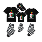 Family Christmas Tree Scene Pajamas Set - Black Top Black and White Plaid Pants Holiday Friends Graphic
