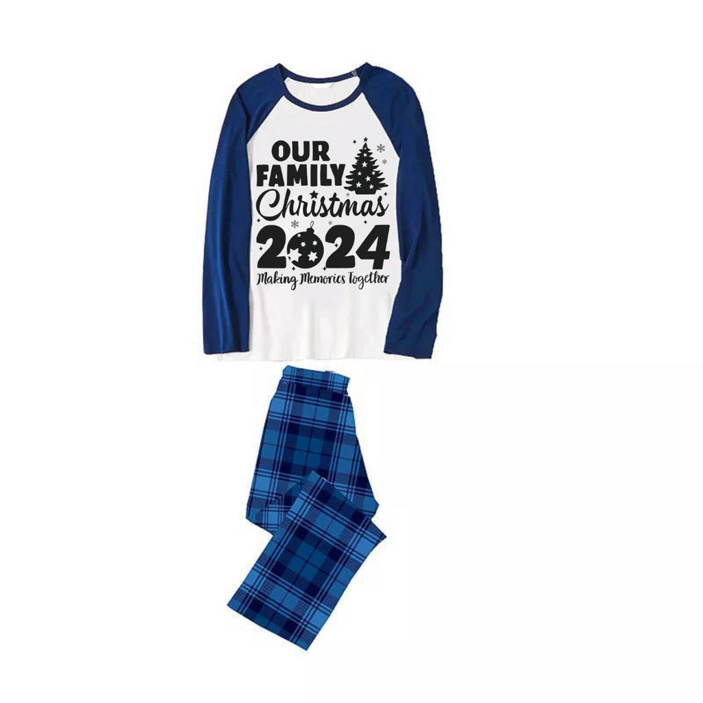 Christmas Tree & "2024 Making Memories Together" Patterned Blue Sleeve Contrast Tops and Blue Plaid Pants Family Matching Pajamas Sets With Dog Bandana
