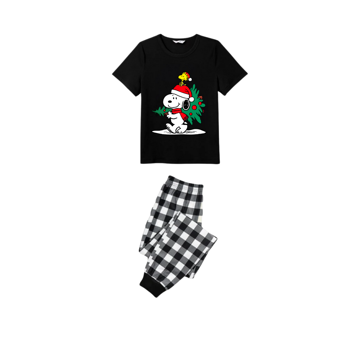 Family Christmas Tree Scene Pajamas Set - Black Top Black and White Plaid Pants Holiday Friends Graphic